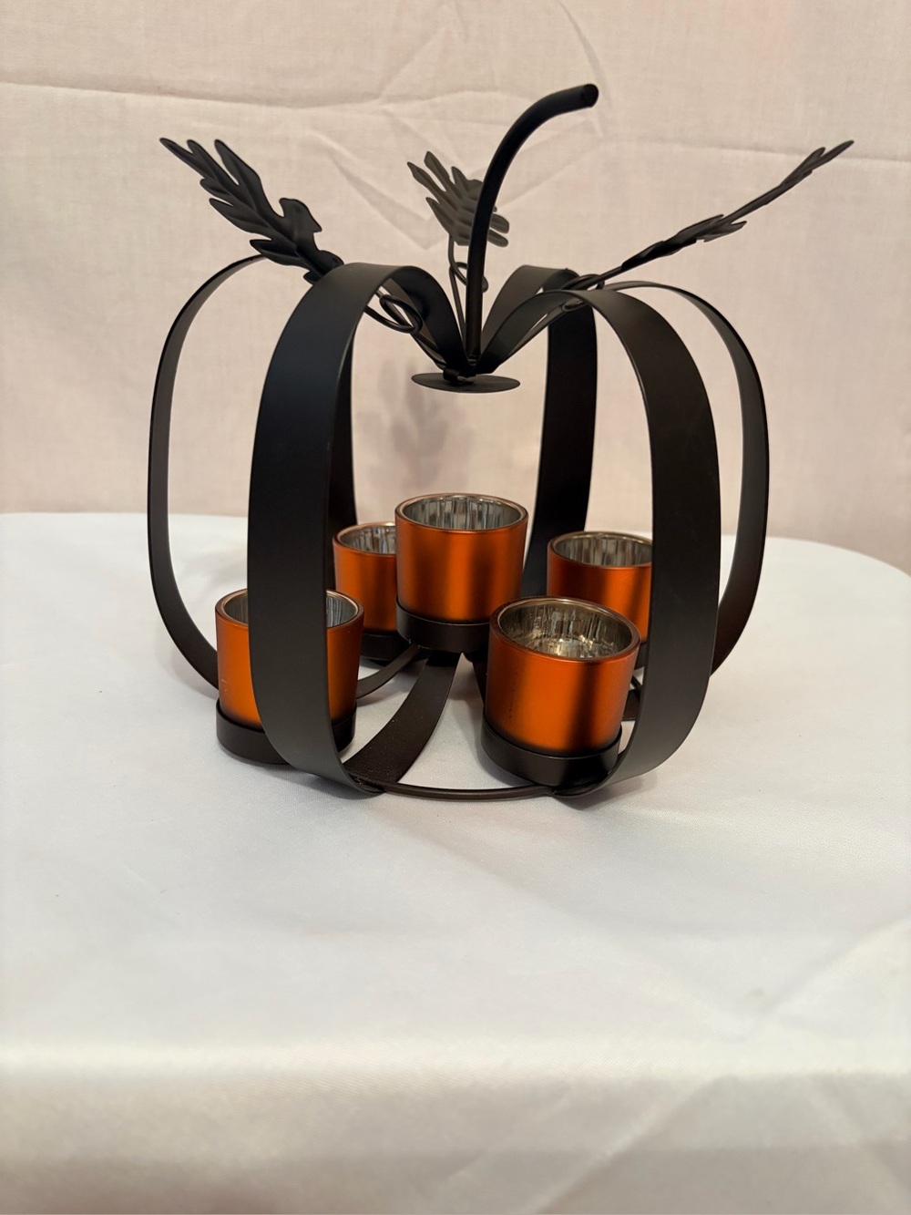 Decorative Black Pumpkin Tea Light Holder with Orange Votives
